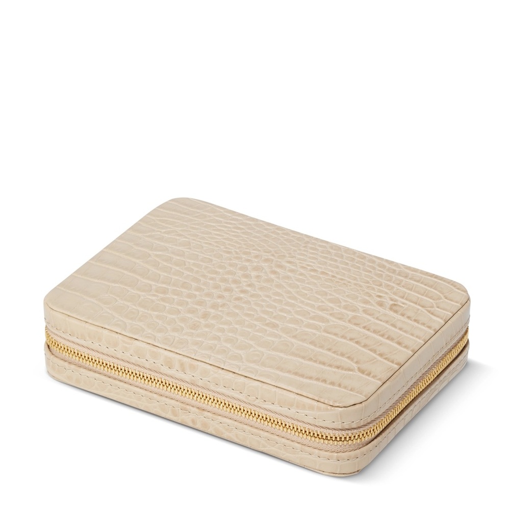 AERIN ENZO Travel Case, Italian Croc Embossed Leather with Zipper, Color Fawn